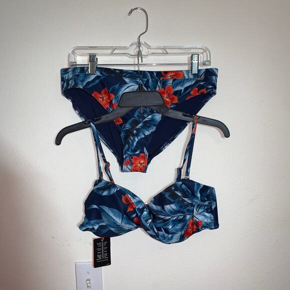 Tropical Floral Bikini Set Sz 12 Two Piece Swimsuit Navy Orange Leaf Floral - Picture 2 of 16